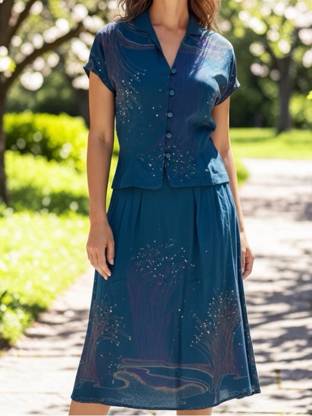 Toute Suite New York - Matching Slate Blue w Asian Print Blouse / Skirt / Dress